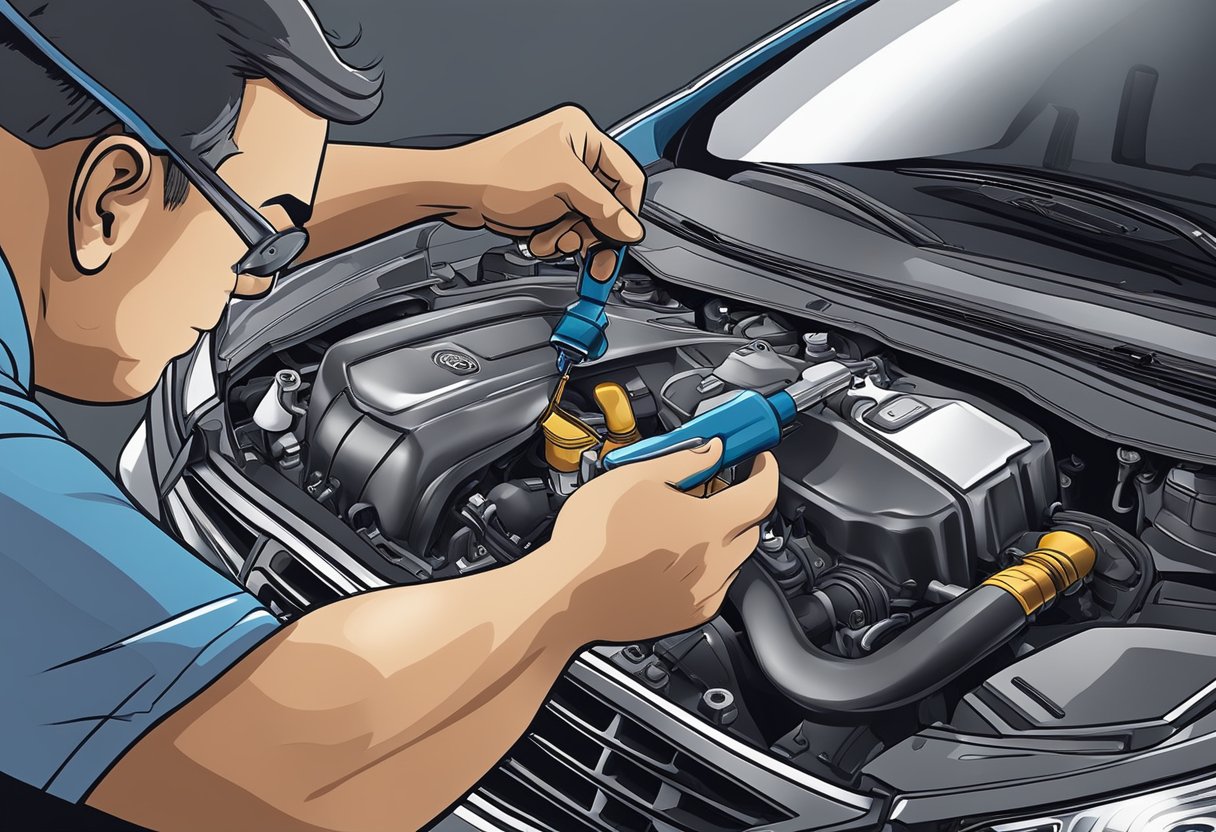 A mechanic pours oil into a Hyundai Elantra's engine, checking the oil capacity with a dipstick