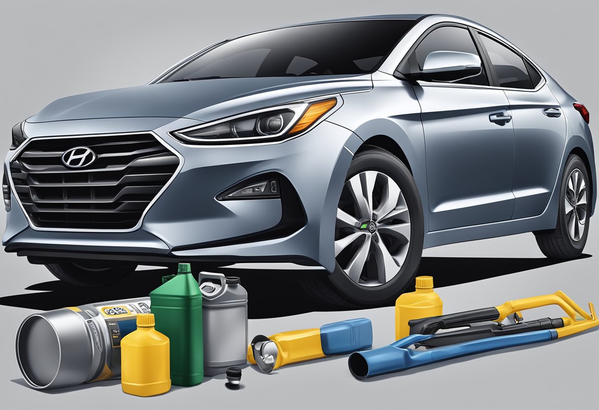 A Hyundai Elantra parked next to an oil canister, with the hood open and the oil cap removed