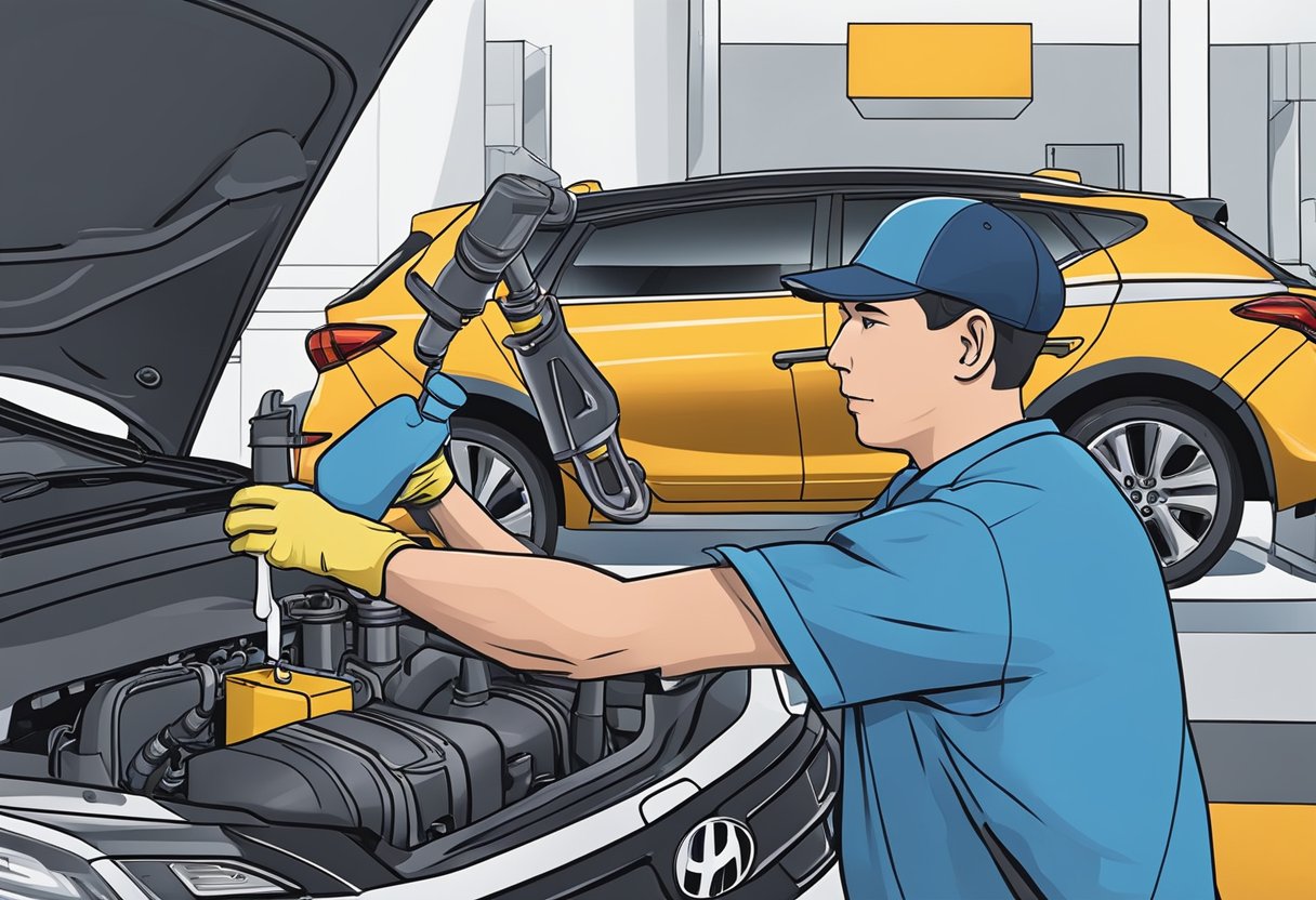 A mechanic pours oil into a Hyundai Elantra's engine, carefully checking the oil capacity to ensure proper lubrication