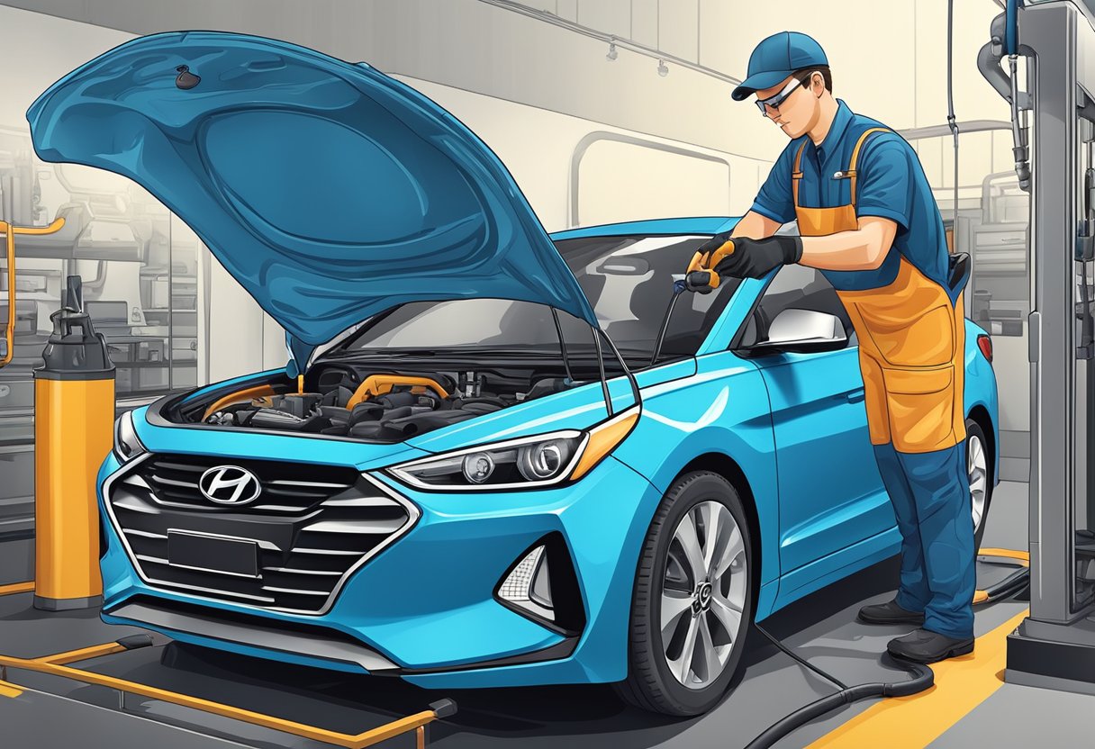 A mechanic pours transmission oil into a Hyundai Elantra, carefully filling it to the recommended capacity