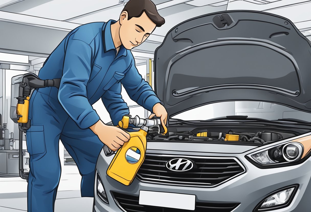 A mechanic pours Hyundai Elantra-approved oil into the engine, following best practices for maintenance. The oil type is clearly labeled on the bottle