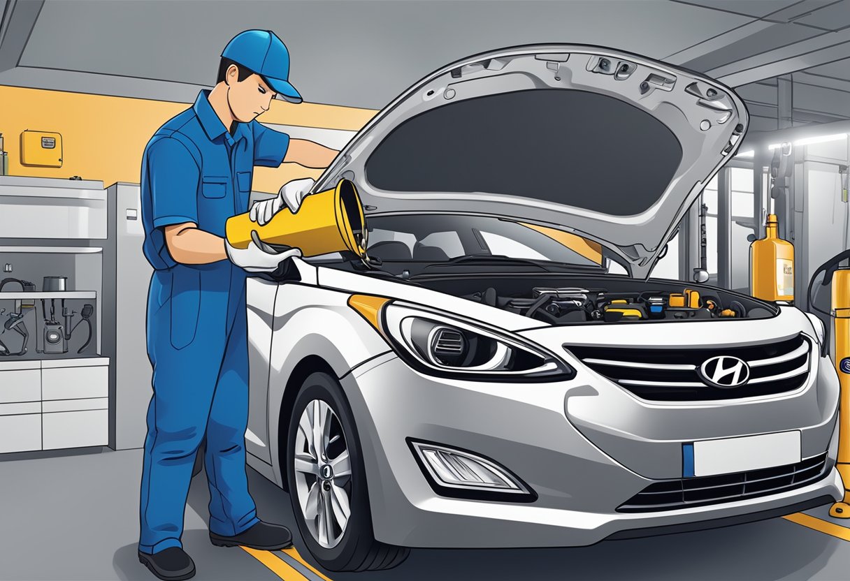 A mechanic pouring the recommended oil into a Hyundai Elantra's engine, with the oil type clearly labeled and visible