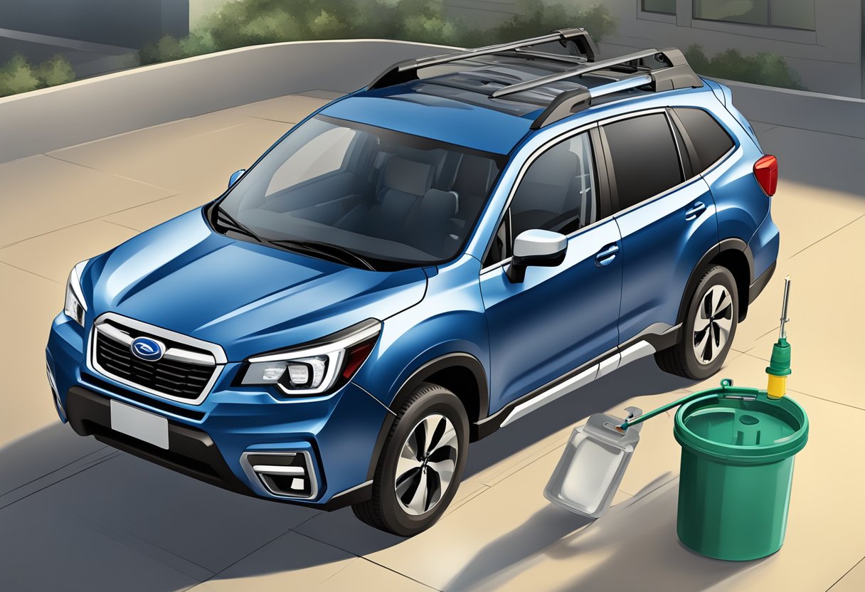 A Subaru Forester with its hood open, displaying the oil reservoir and a measuring stick to indicate the oil capacity