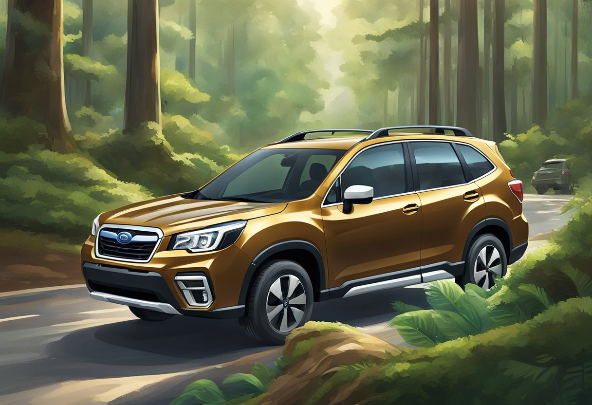 The Subaru Forester sits on a smooth, paved road, surrounded by lush greenery. The hood is open, revealing the engine, while a mechanic pours oil into the reservoir