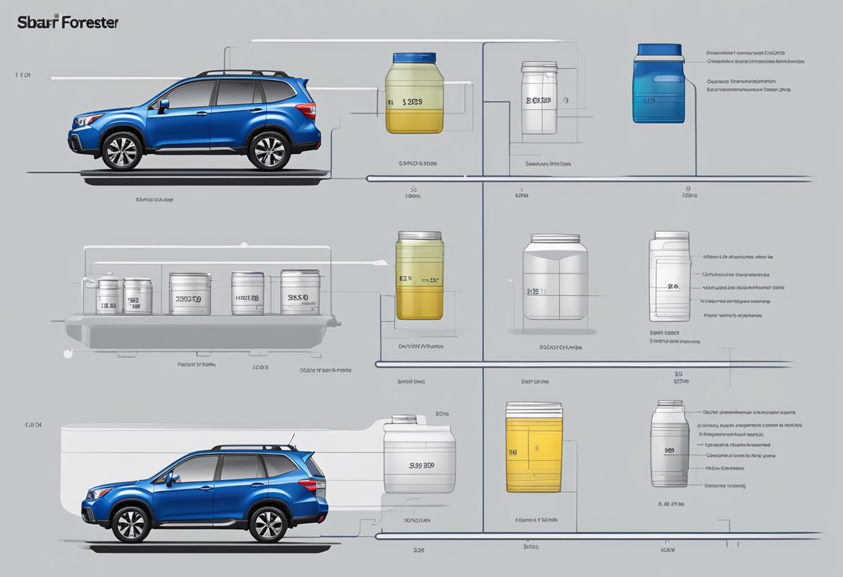 The Subaru Forester's engine variants and oil capacities are displayed on a chart with clear labels and measurements