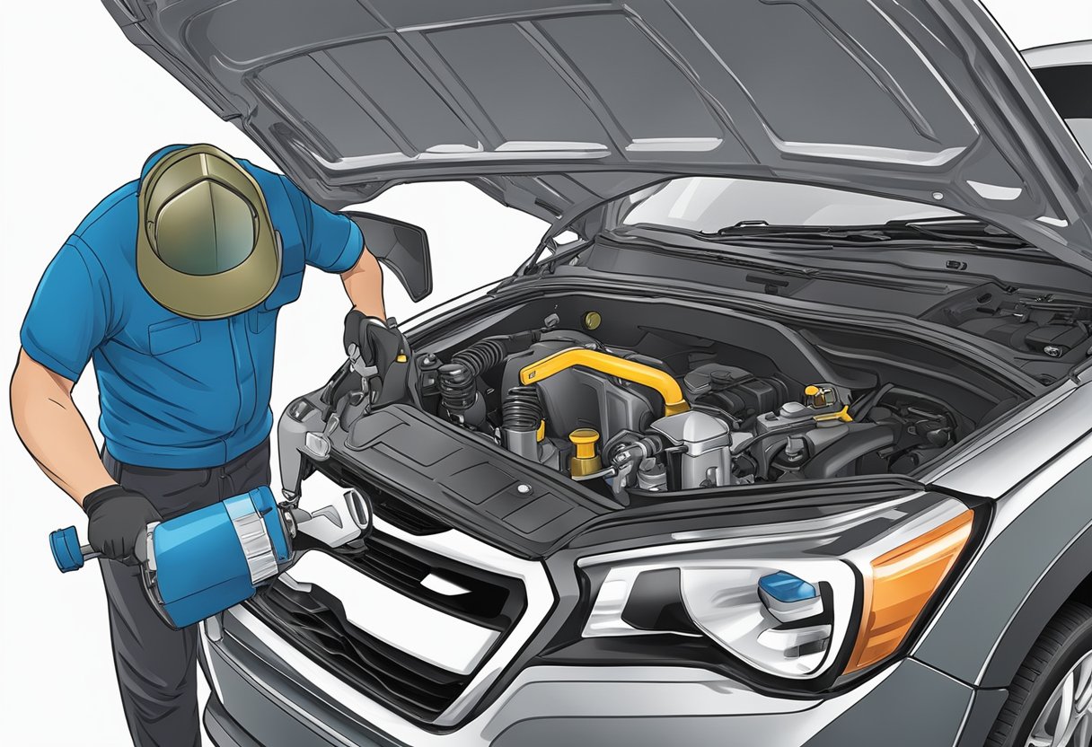 A mechanic pouring 5W-30 oil into a Subaru Forester engine, with the hood open and a funnel inserted into the oil fill port