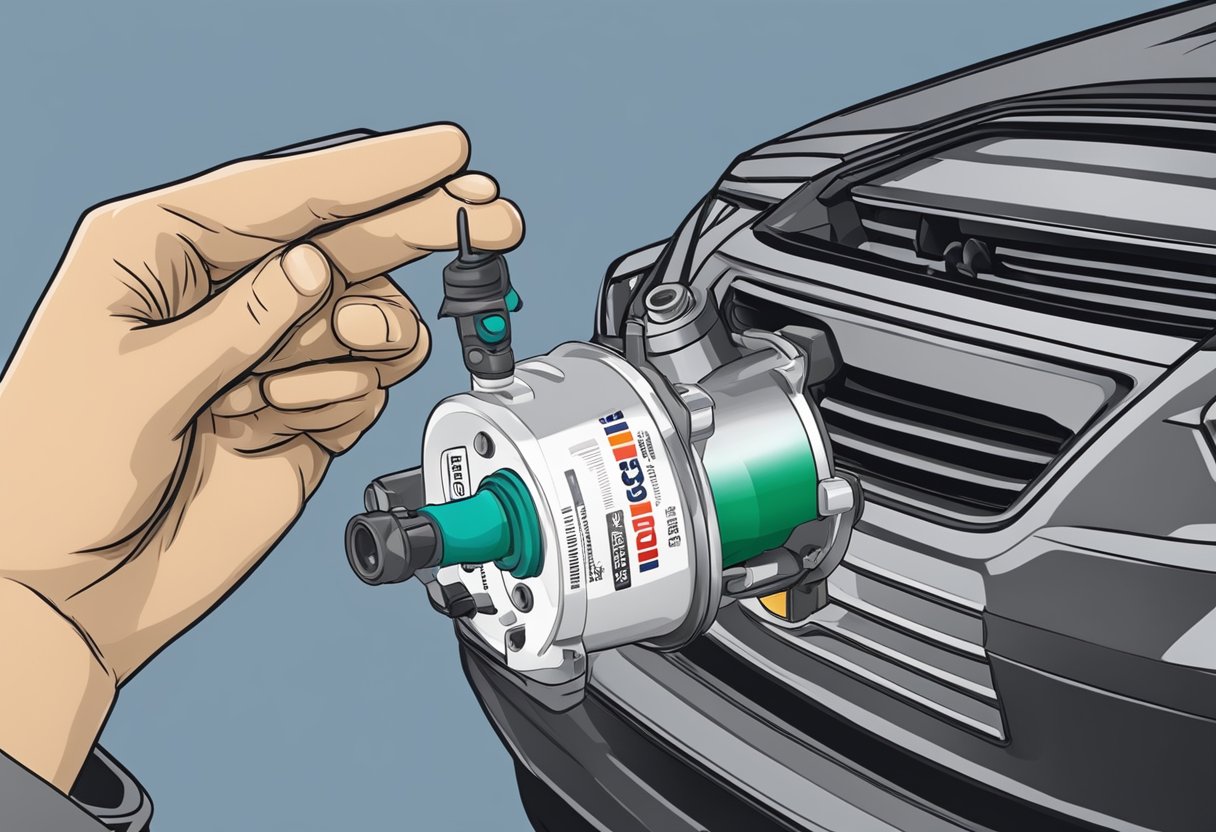 A hand reaches for a Subaru Forester oil filter. The filter is labeled "Choosing the Right Oil Filter" for Subaru Forester oil type