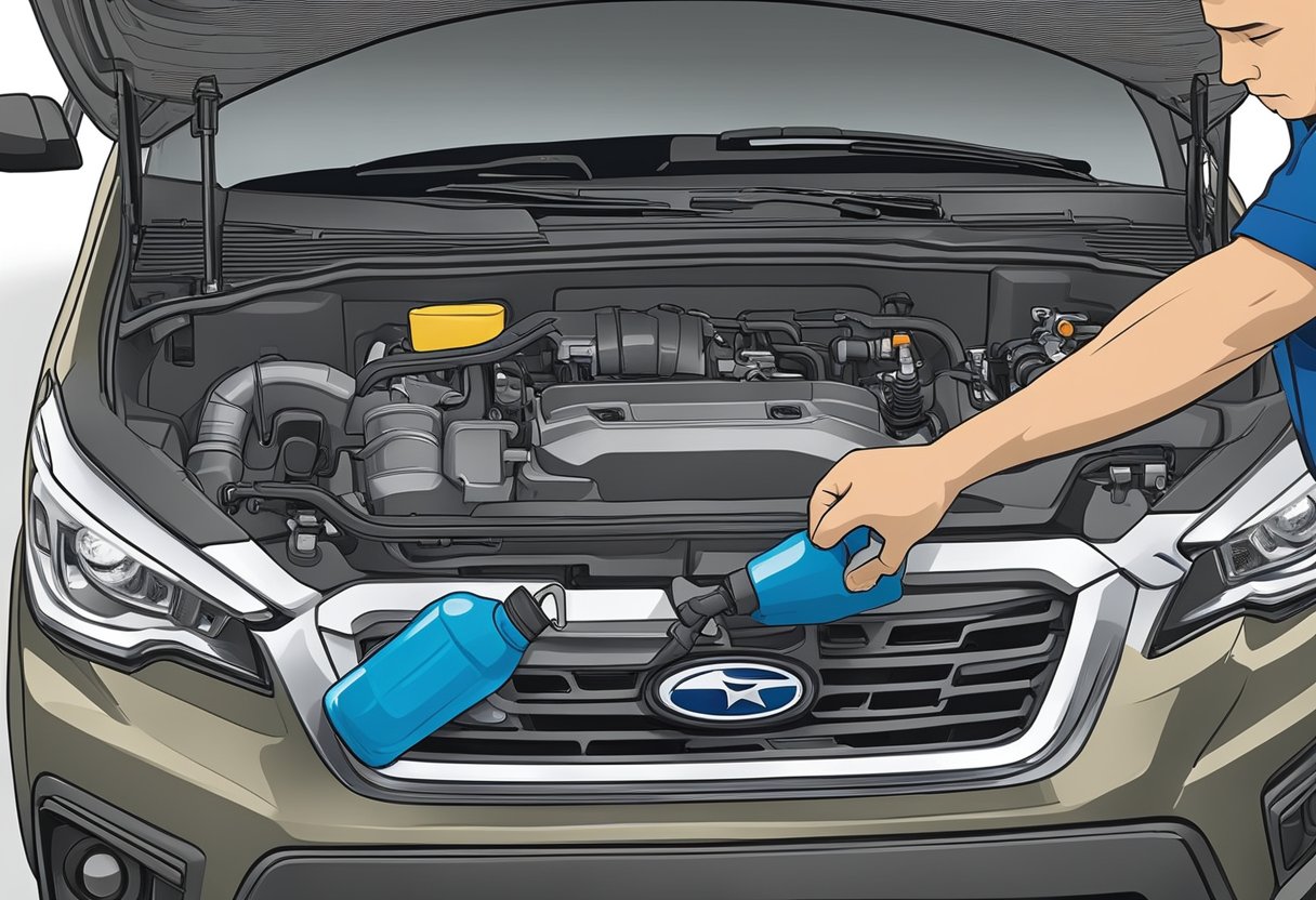A mechanic pours synthetic 5W-30 oil into a Subaru Forester's engine, following the manufacturer's guidelines for proper maintenance