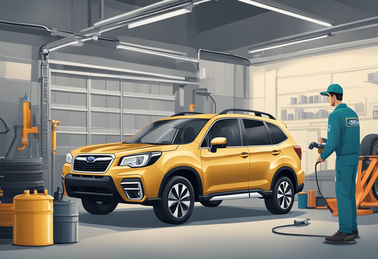 A Subaru Forester parked in a garage, with a mechanic pouring the recommended oil into the engine. A chart on the wall indicates the correct oil type for the vehicle