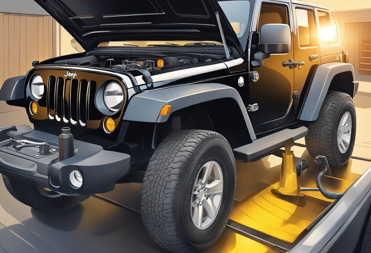 A mechanic pours 6 quarts of oil into a Jeep Wrangler's engine, using a funnel to avoid spills. The sun shines on the hood as the vehicle sits in the garage