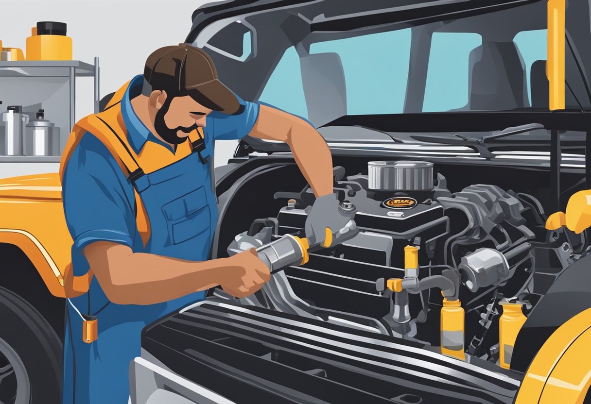 A mechanic pours oil into a Jeep Wrangler's engine, checking the oil capacity as the vehicle undergoes an oil change process