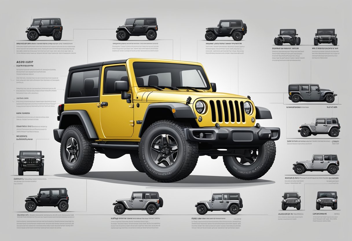 A Jeep Wrangler with different engine variants and oil capacity specifications displayed on a chart or infographic