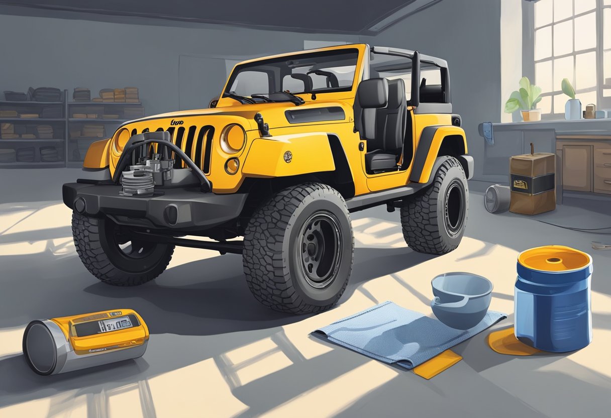 A Jeep Wrangler sits on a level surface, with the hood open and a fresh oil filter nearby. A measuring cup and funnel are ready for the additional fluid capacities to be added to the engine