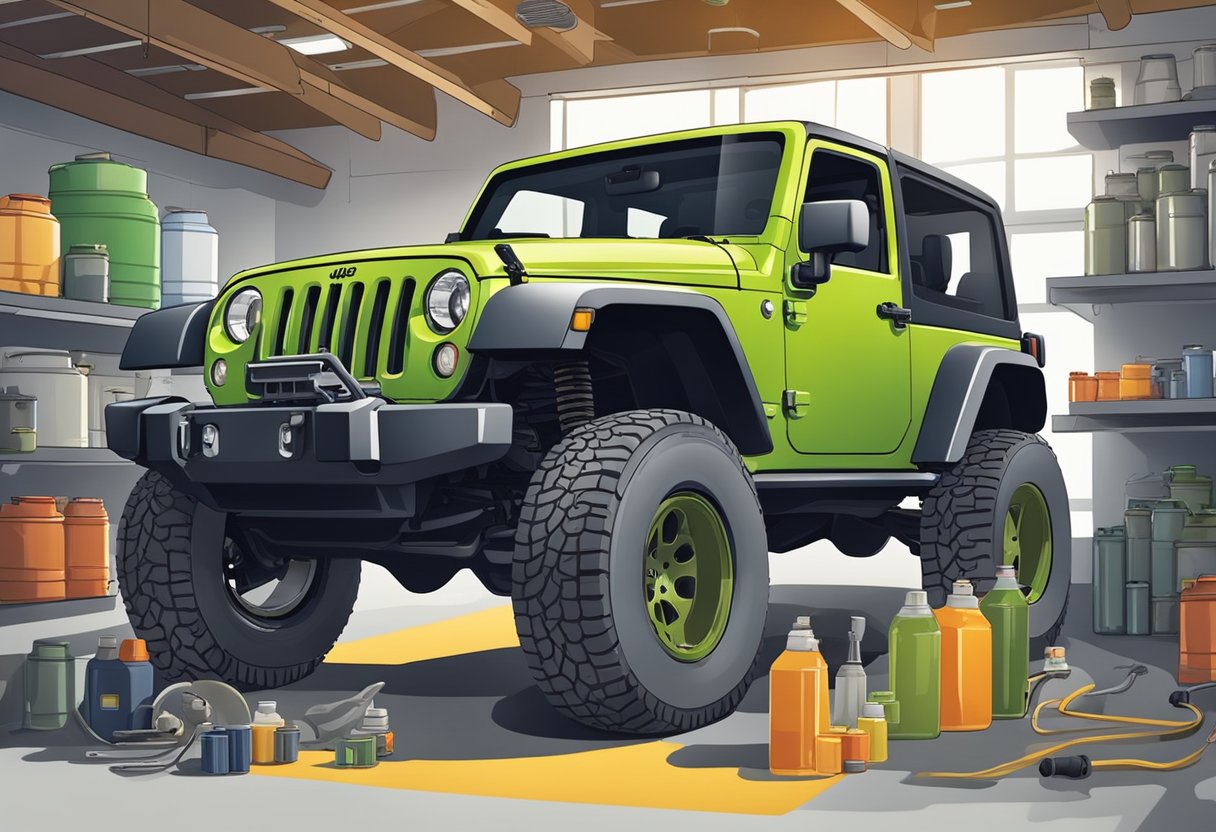 The Jeep Wrangler sits in a garage, surrounded by oil containers. The hood is open, revealing the engine. A mechanic checks the oil level