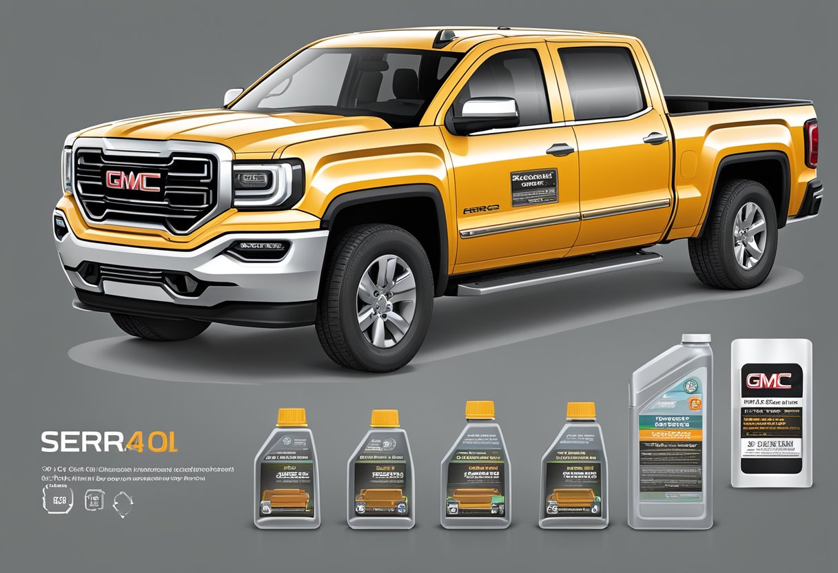 The GMC Sierra 1500 oil specifications are displayed on a label, with the oil capacity clearly stated. The label is affixed to the engine compartment