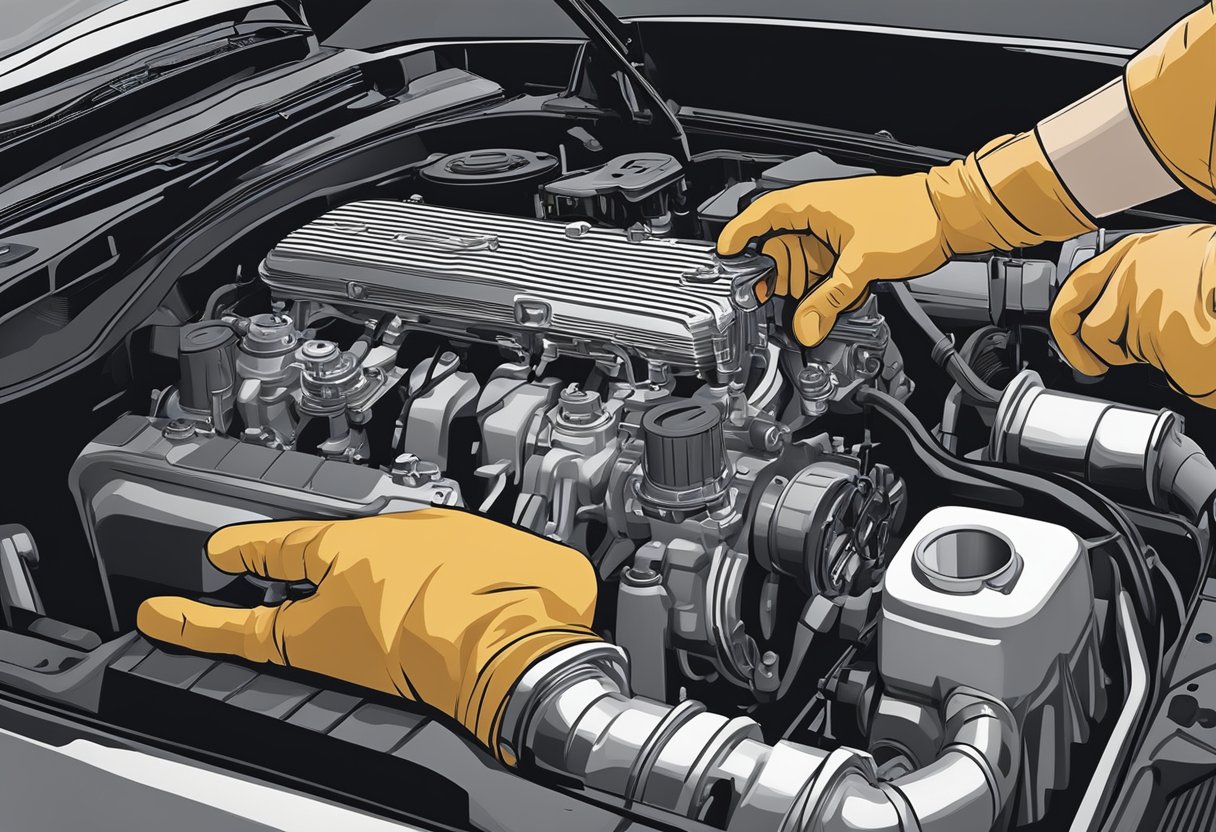 A mechanic pours oil into a GMC Sierra 1500 engine, following maintenance tips for proper oil capacity