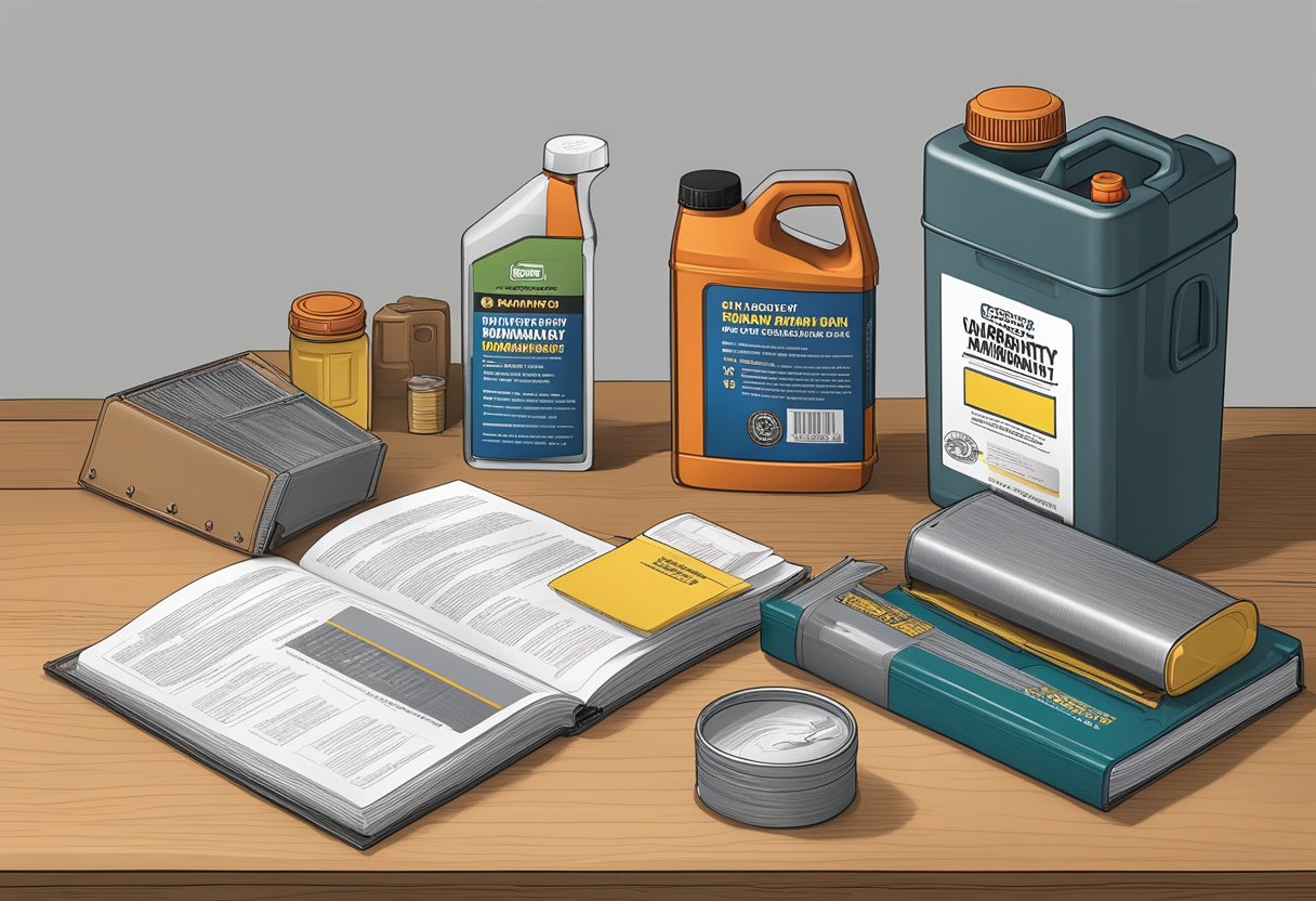 The GMC Sierra 1500 Owner's Manual and Warranty Guidance book is open on a workbench, with a labeled oil canister next to it