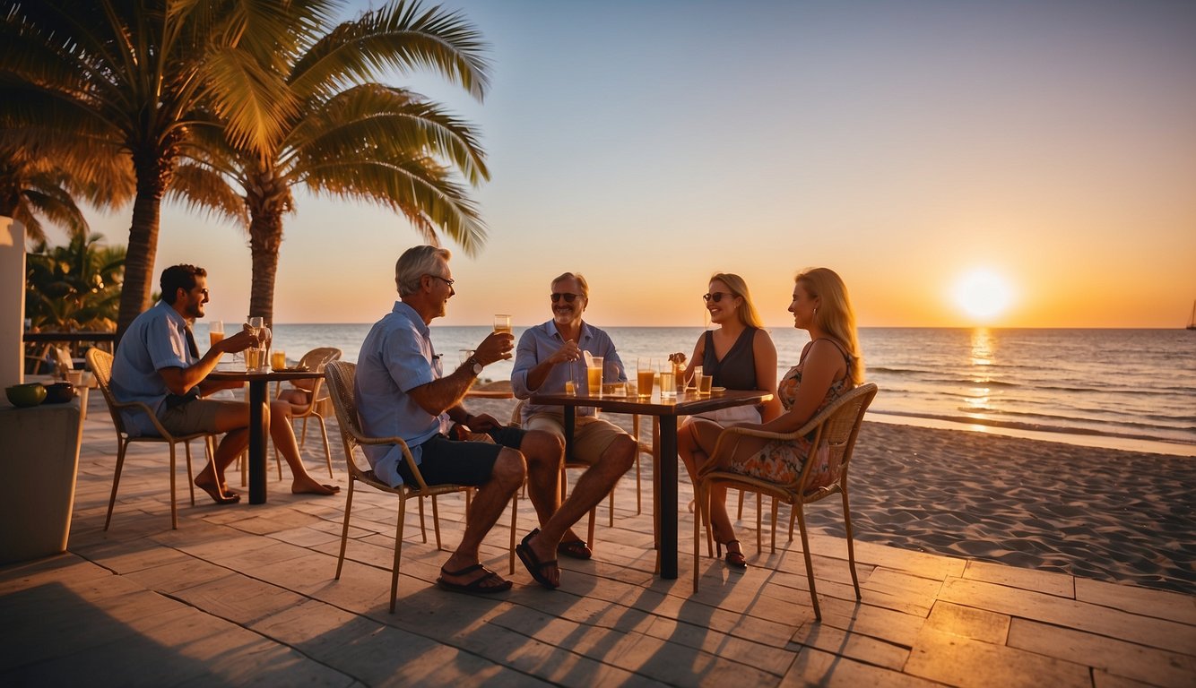 People enjoying drinks on a beachfront patio, with palm trees and a colorful sunset in the background