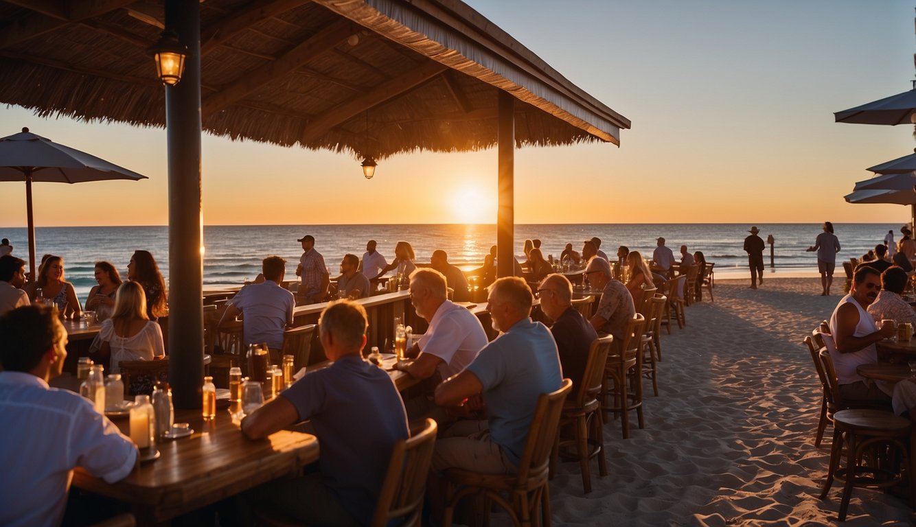 Colorful beachfront bar bustling with patrons enjoying discounted drinks and appetizers as the sun sets over the ocean