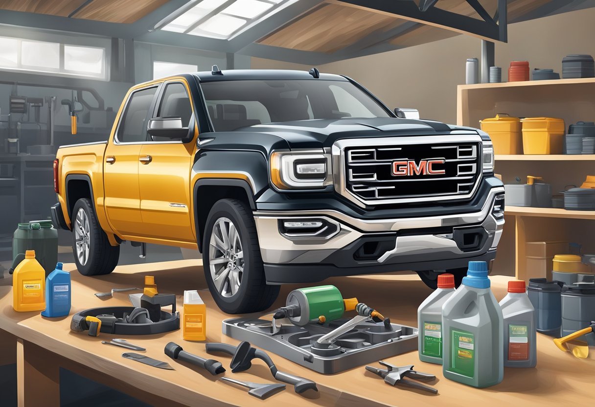 A mechanic pours synthetic oil into a GMC Sierra 1500 engine, with oil containers and tools scattered on the workbench