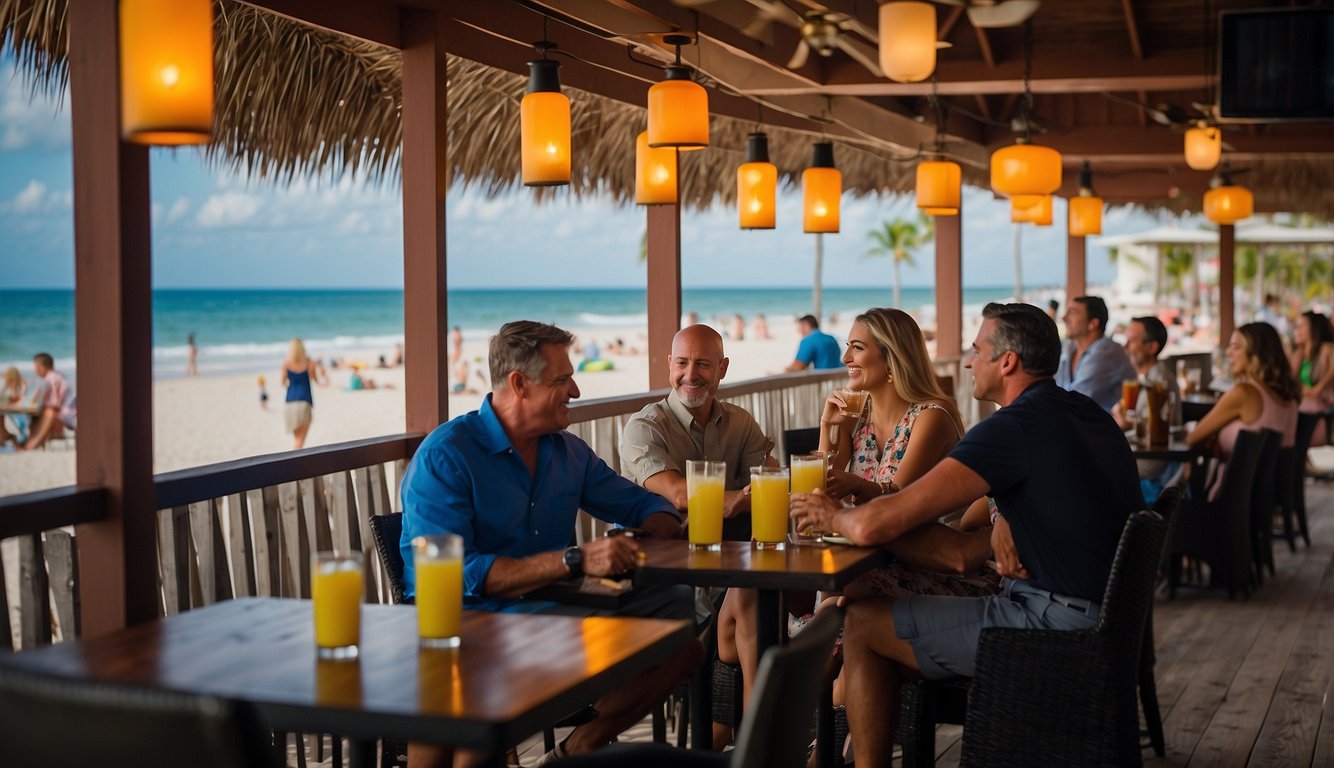 People enjoying happy hour at various bars and restaurants in Deerfield Beach, with colorful cocktails and appetizers on display. Outdoor seating and beach views add to the relaxed atmosphere