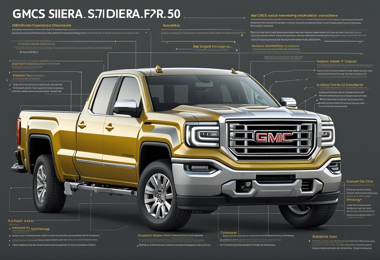 The GMC Sierra 1500 engine specifications and oil type are displayed on a clean, organized chart with clear labels and detailed information