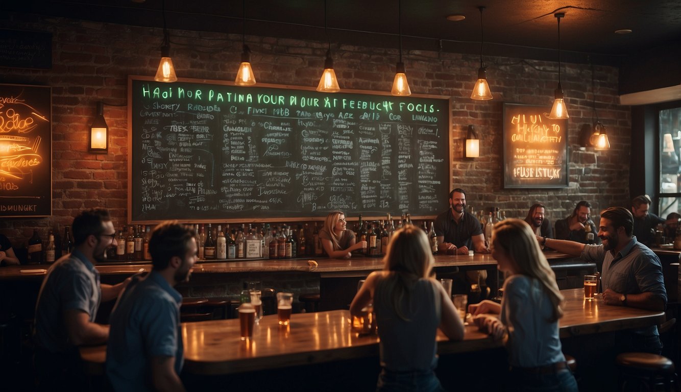 A crowded bar with neon signs, people laughing and clinking glasses, a chalkboard listing happy hour specials, and a stack of positive reviews and feedback displayed on a wall