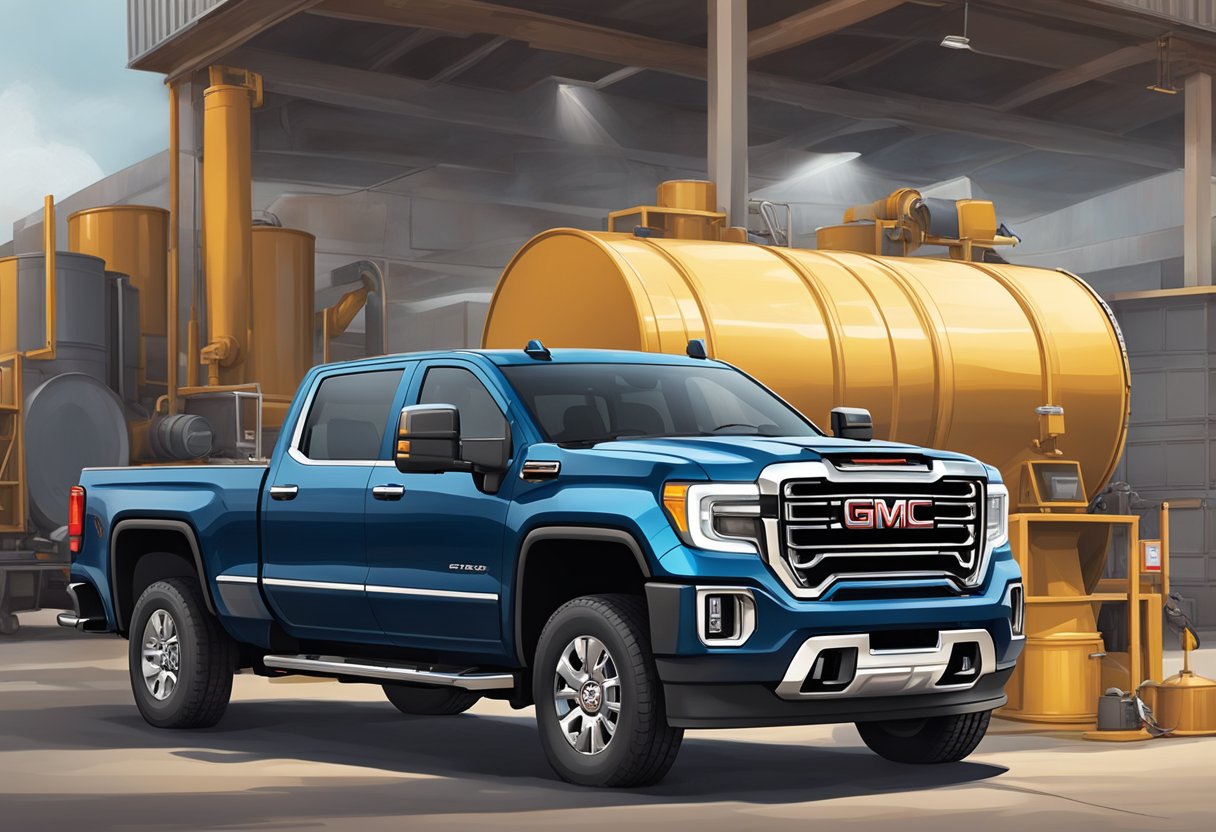 A GMC Sierra 2500 truck parked next to a large oil drum, with the hood open and a mechanic pouring oil into the engine