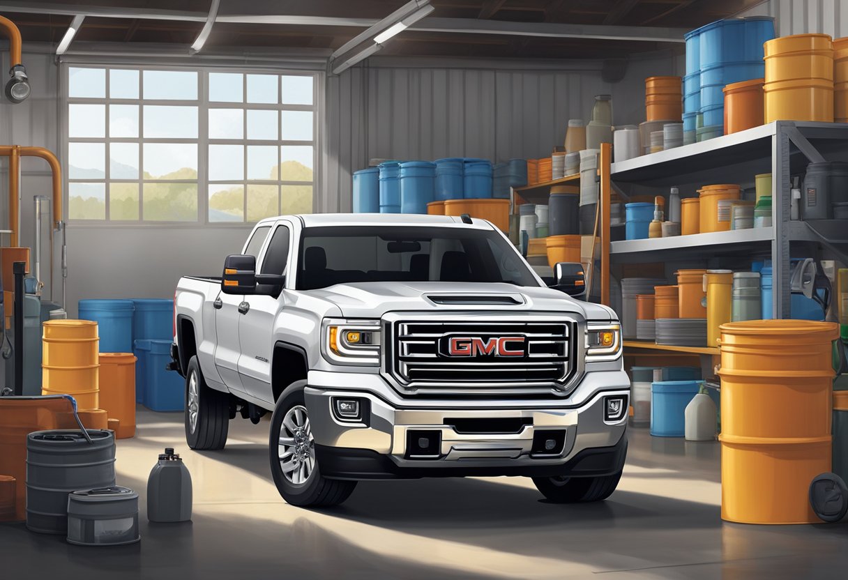 The GMC Sierra 2500 sits in a garage, with containers of various fluids and lubricants nearby. The oil cap is open, ready to be filled with the correct capacity of oil