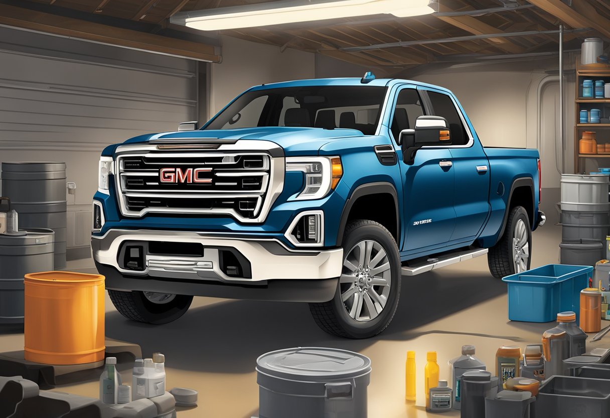 The GMC Sierra 2500 sits in a garage, surrounded by various oil containers and equipment. The hood is open, revealing the engine as a technician prepares to fill it with the correct oil capacity