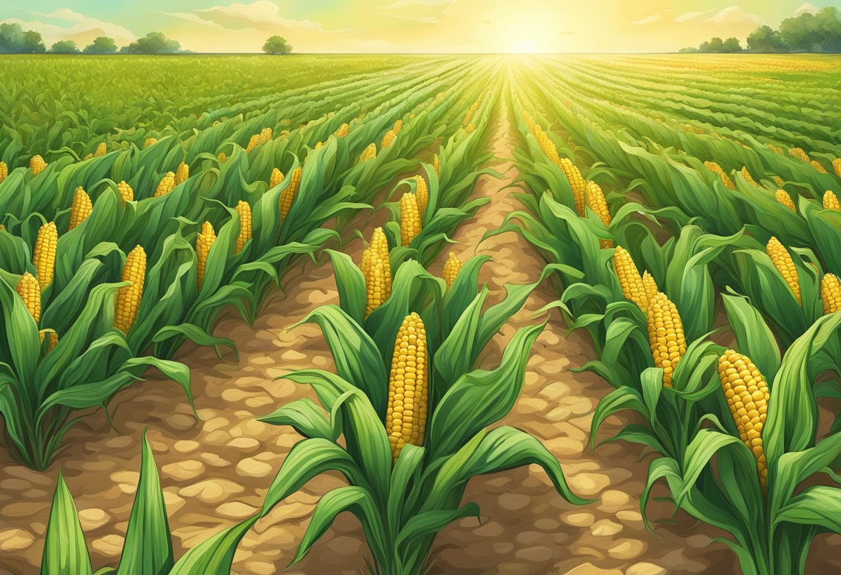 Corn grows tall in rows in a sunlit field. Green stalks reach towards the sky, with golden tassels at the top. The ground is covered in dry, cracked earth