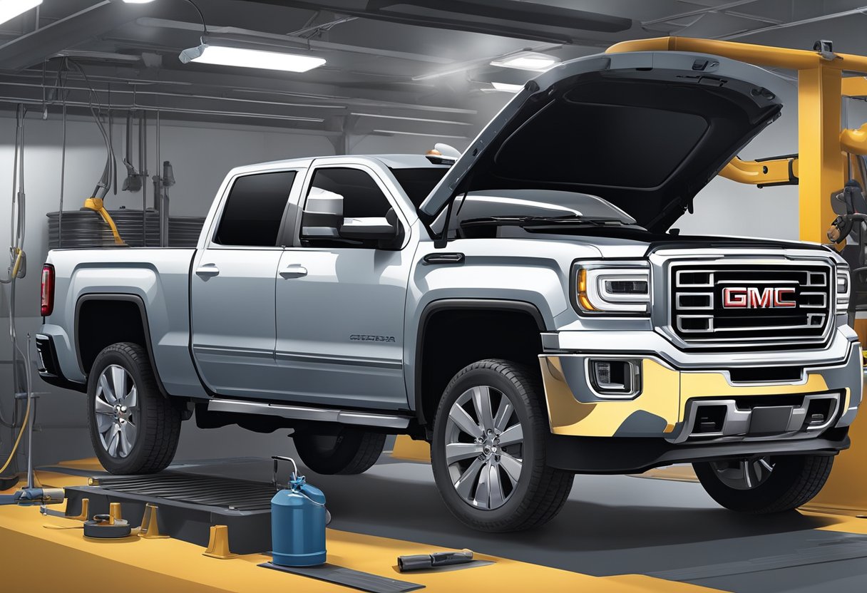 A mechanic pours synthetic 5W-30 oil into a GMC Sierra 2500 during a routine maintenance check. The truck is elevated on a hydraulic lift in a well-lit garage