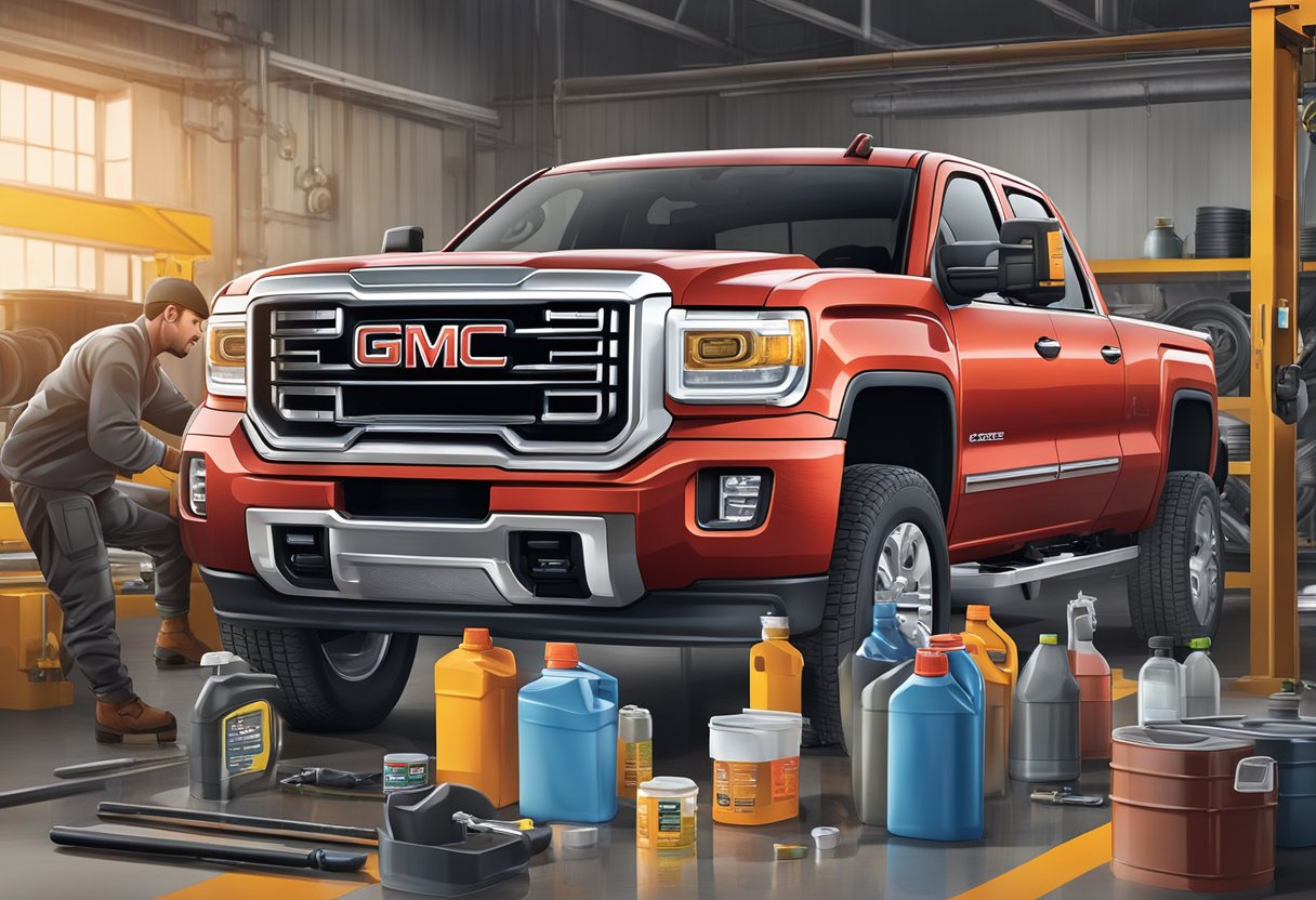 A mechanic pours oil into a GMC Sierra 2500, surrounded by various fluid and lubricant containers