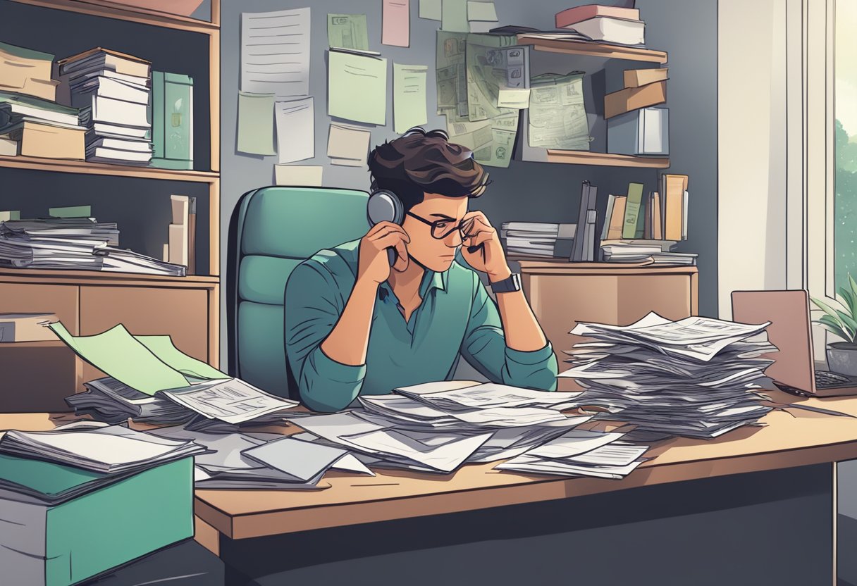 A person sits at a cluttered desk, surrounded by bills and paperwork. They look stressed and overwhelmed as they try to understand personal loan debt relief options