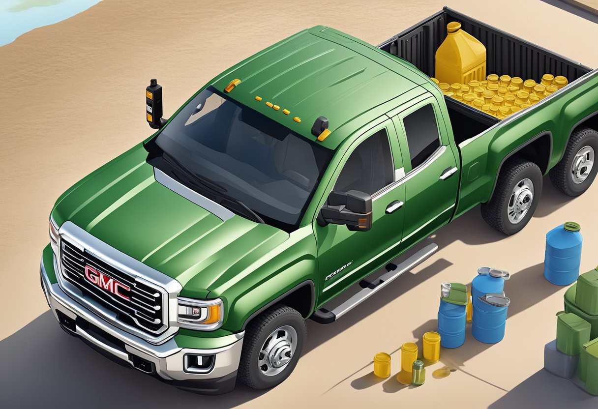 A GMC Sierra 3500 parked on a level surface with the hood open, displaying the oil fill cap and dipstick, surrounded by oil containers and a funnel