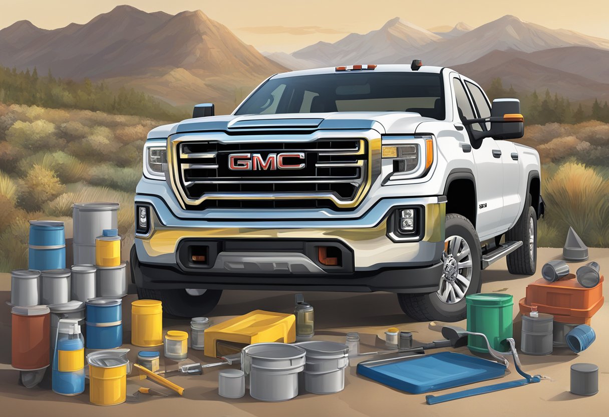 A GMC Sierra 3500 with its hood open, oil cap removed, and a measuring stick showing the oil level, surrounded by oil containers of various sizes