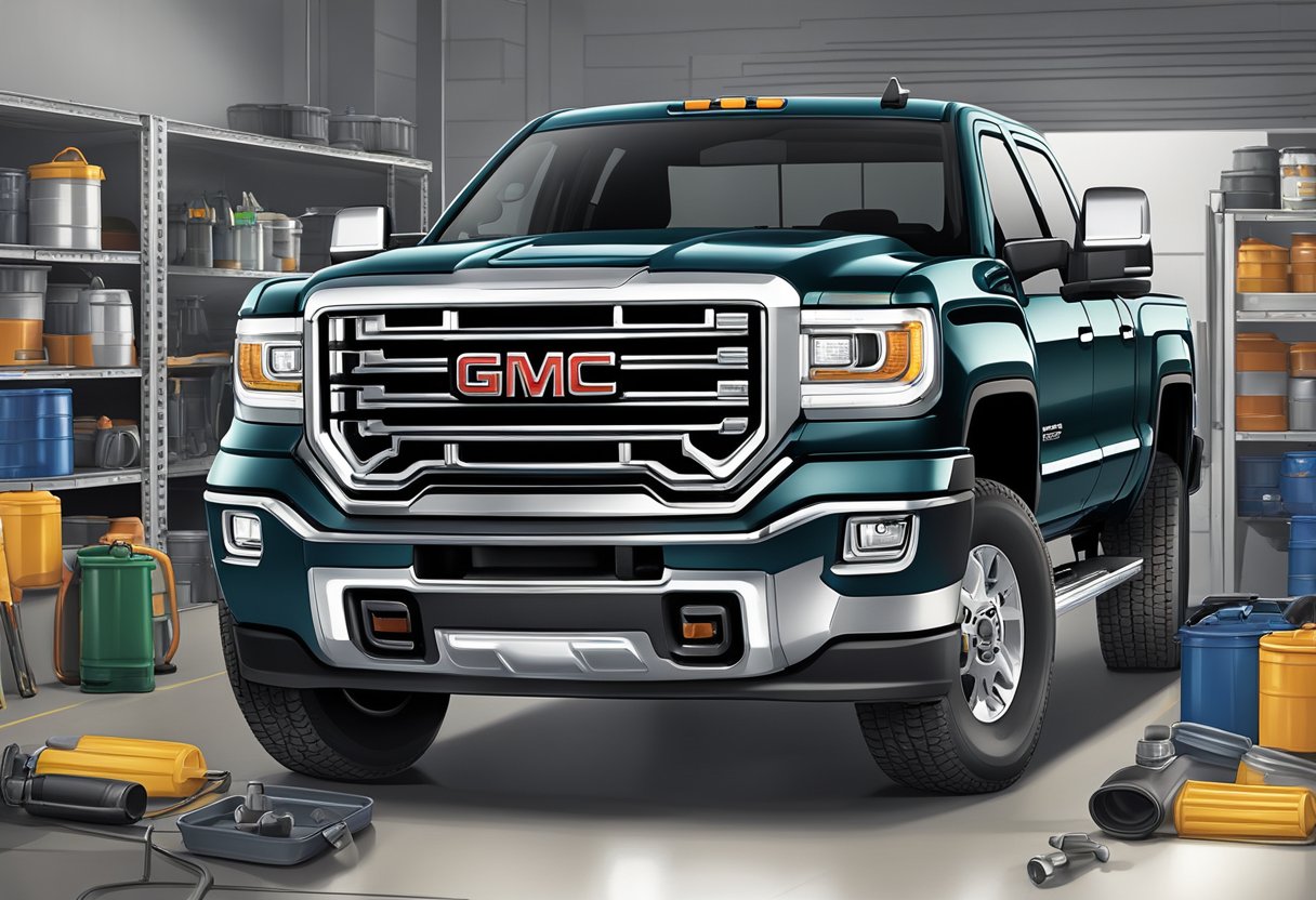 A GMC Sierra 3500 parked in a garage, with an open hood revealing the engine. Oil containers and funnels nearby