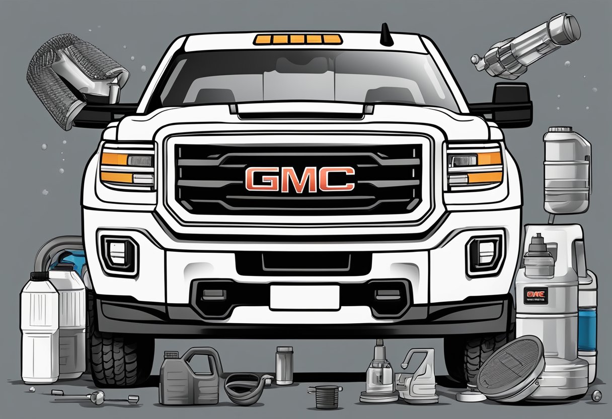 A GMC Sierra 3500 truck with open hood, surrounded by various fluids and filters, ready for an oil change