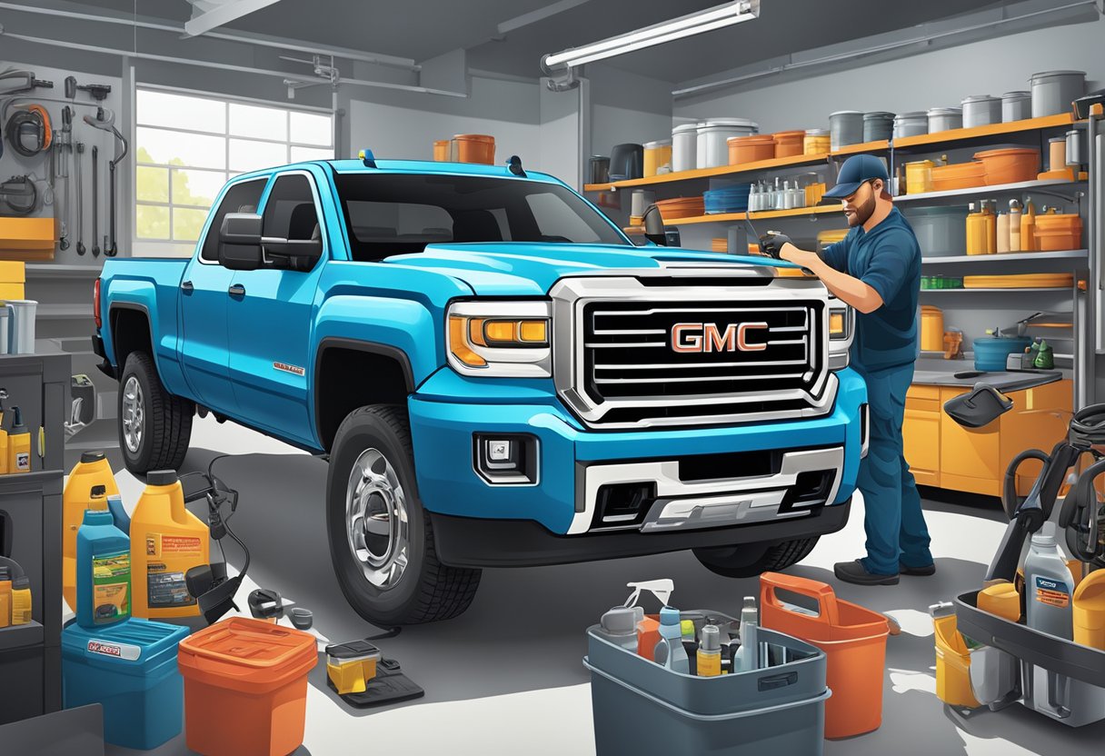 A mechanic pours oil into a GMC Sierra 3500, surrounded by various care and maintenance products