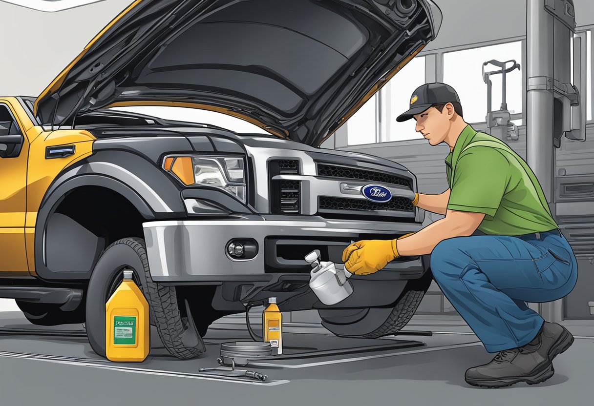 A mechanic pours differential oil into a Ford F-150, using a funnel to ensure precise measurement and application