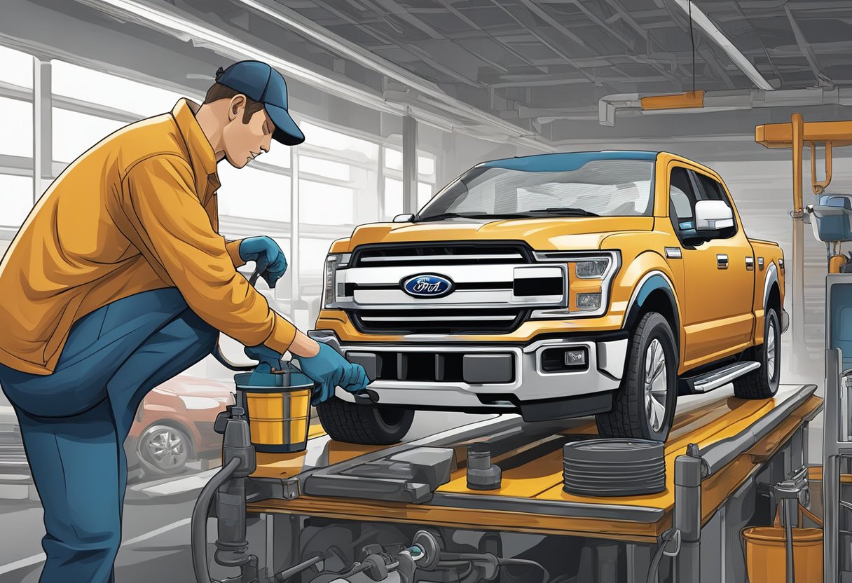 A mechanic pours differential oil into a Ford F-150, carefully selecting the right type for optimal performance