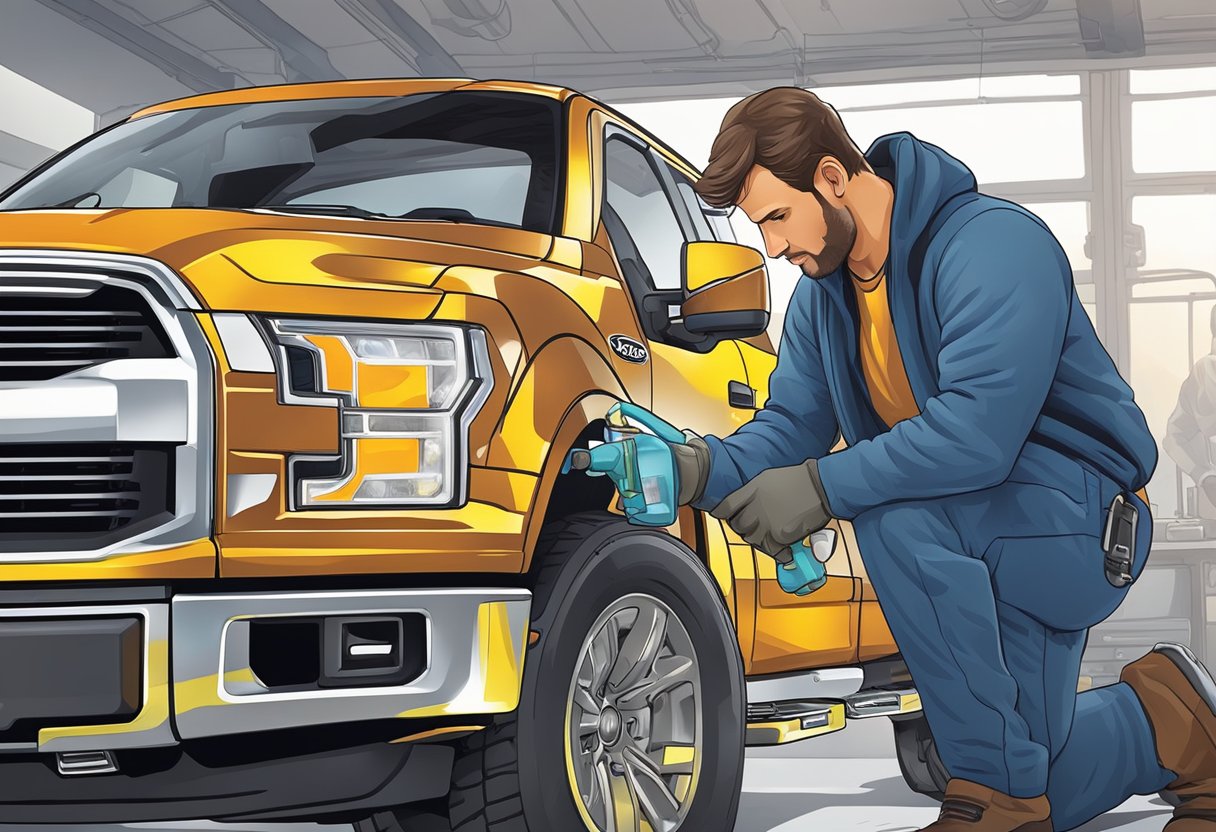 A mechanic pours differential oil into a Ford F-150, checking for leaks and ensuring proper levels