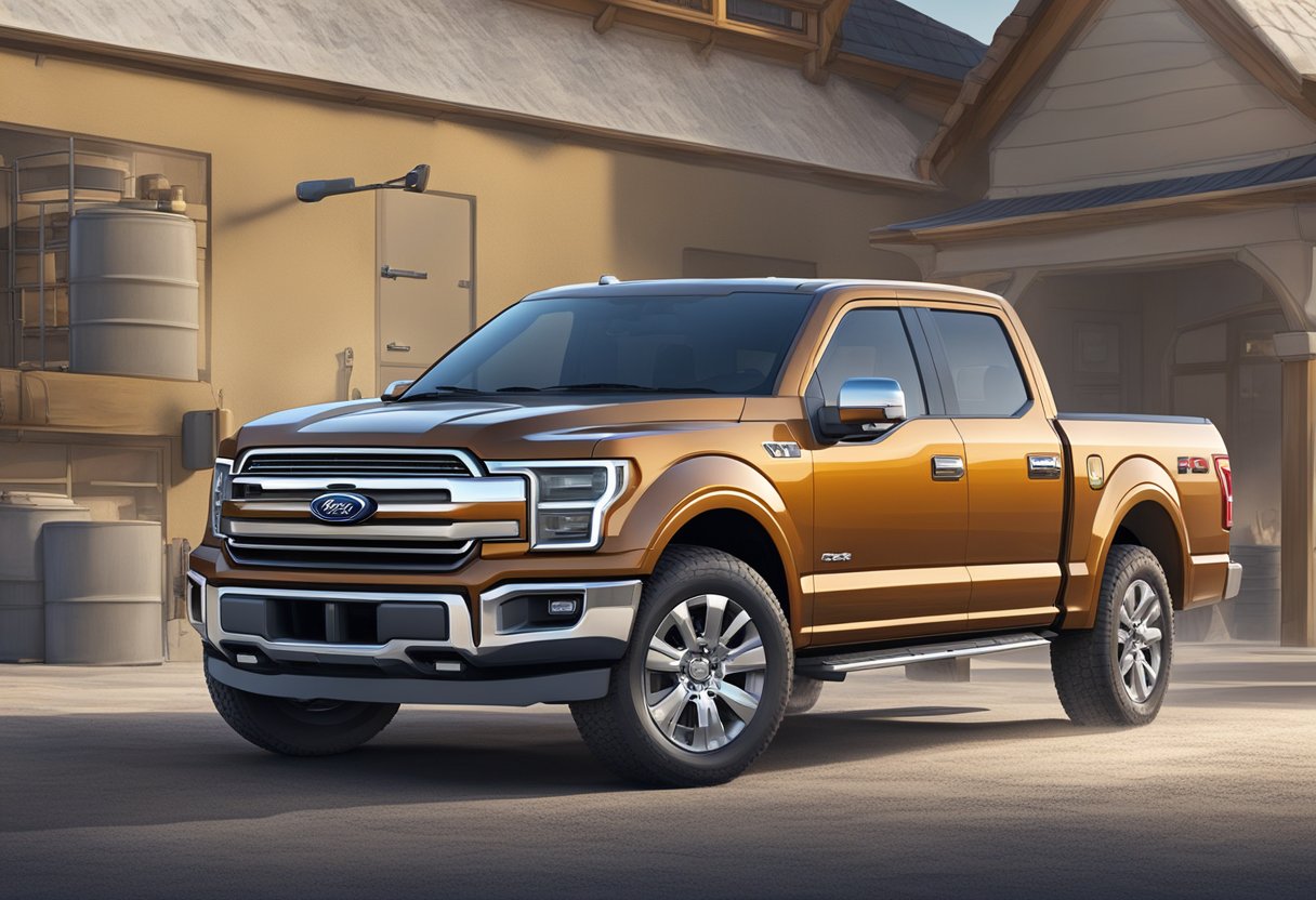 The Ford F-150's differential oil capacity is 3.5 liters. The truck is parked on a level surface with the rear differential accessible for maintenance