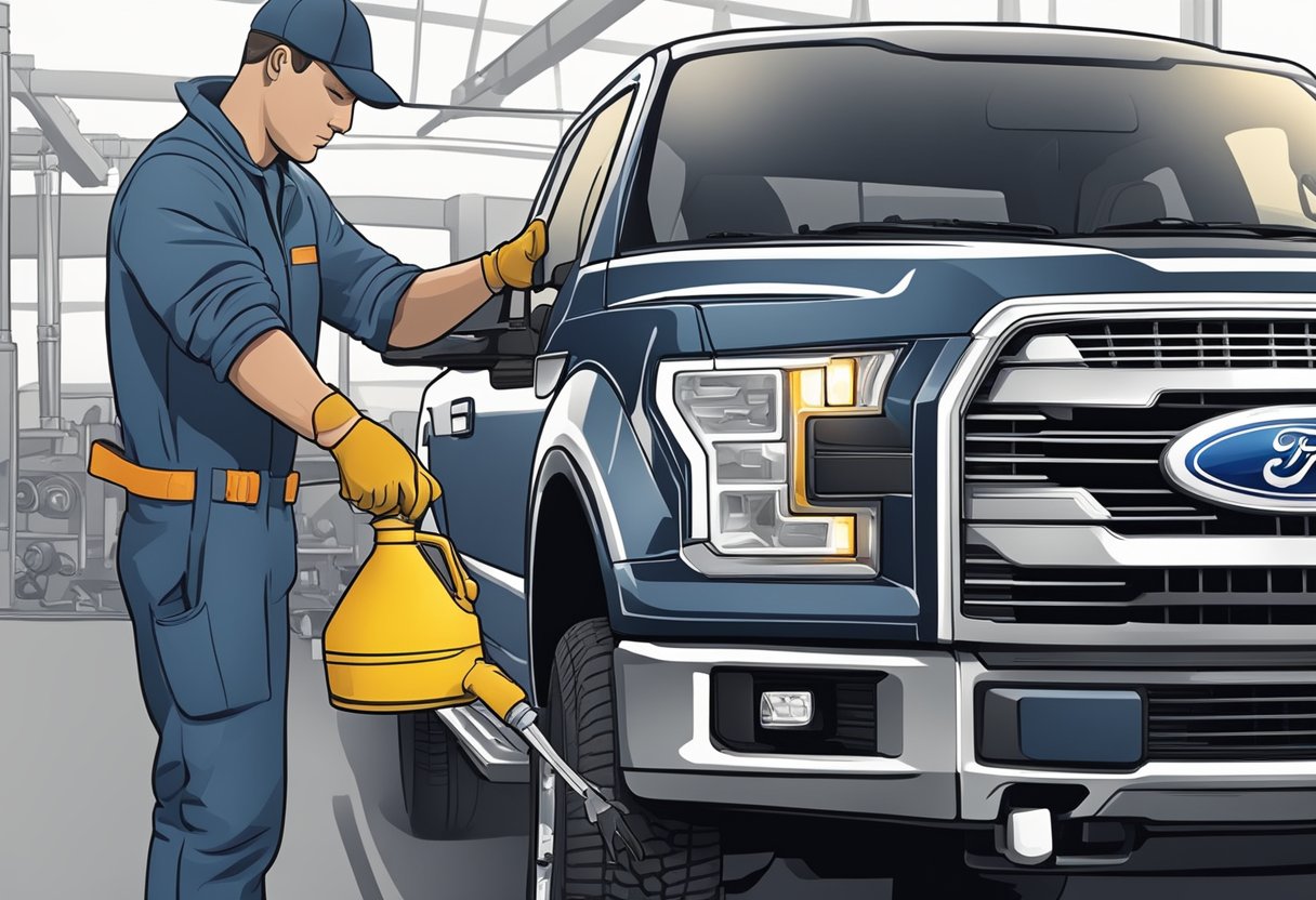 A mechanic pours differential oil into a Ford F-150, checking the capacity and troubleshooting for any leaks or issues