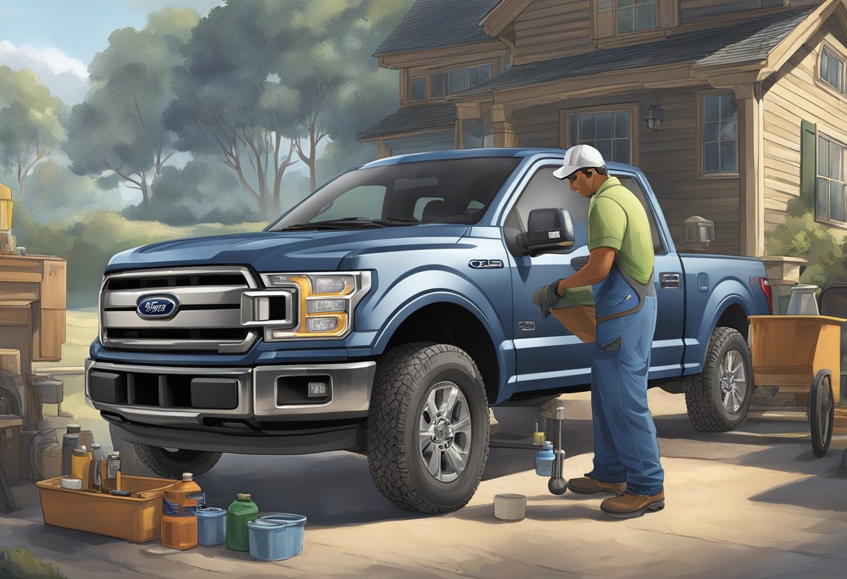 The Ford F-150 differential oil capacity is 3.5 quarts. The scene could depict a mechanic pouring oil into the differential of a Ford F-150 truck