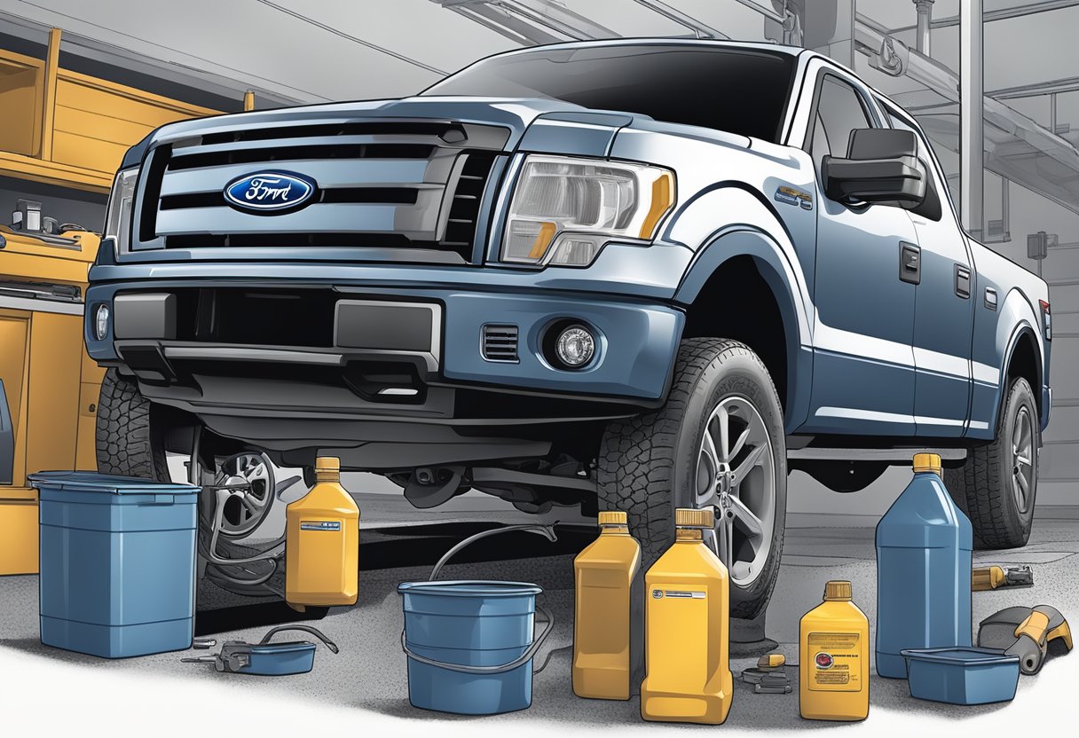 A mechanic pours differential oil into a Ford F-150, with labeled containers nearby for reference