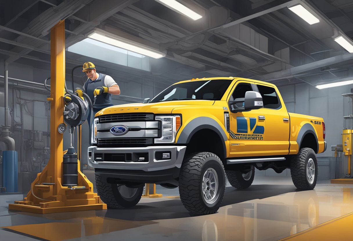 A mechanic pours gear oil into a Ford F-250 differential, using a funnel to prevent spills. The truck is elevated on a hydraulic lift in a well-lit garage