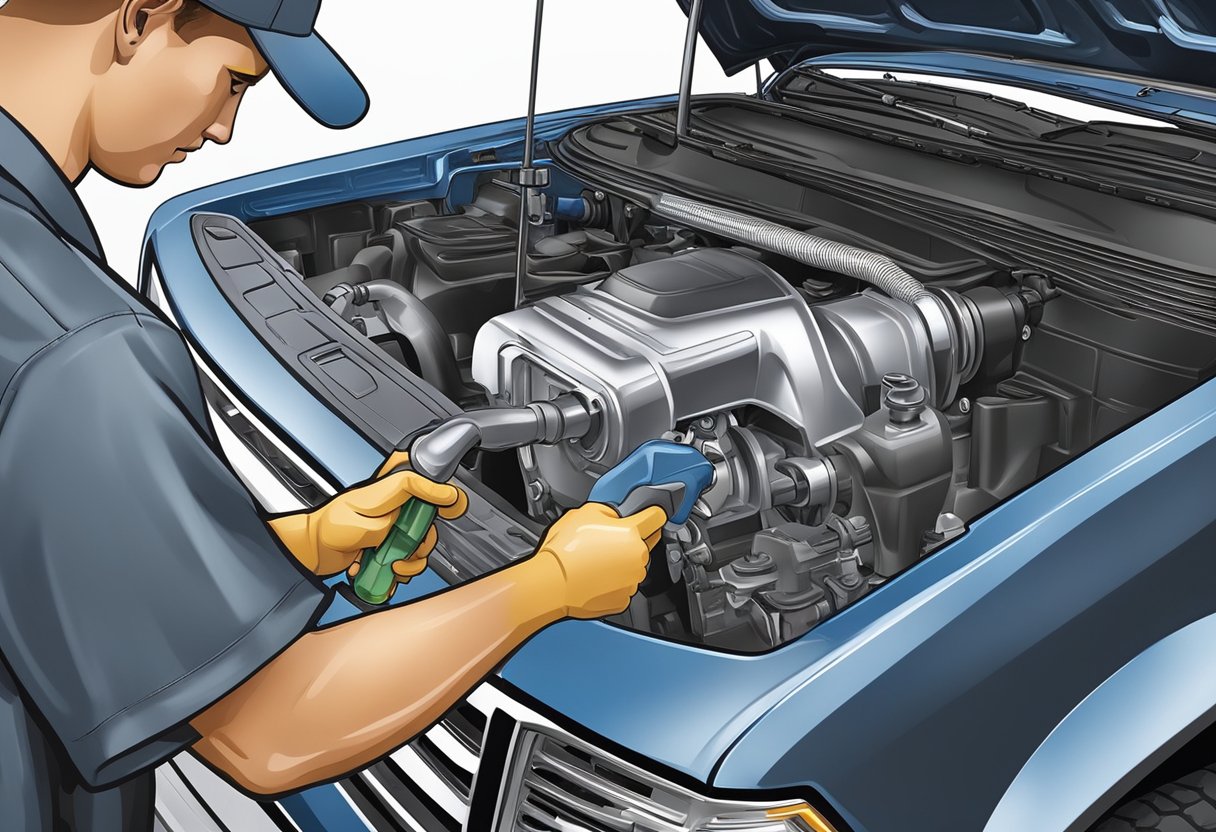 A mechanic pours differential oil into a Ford F-250, using the correct type specified by the manufacturer