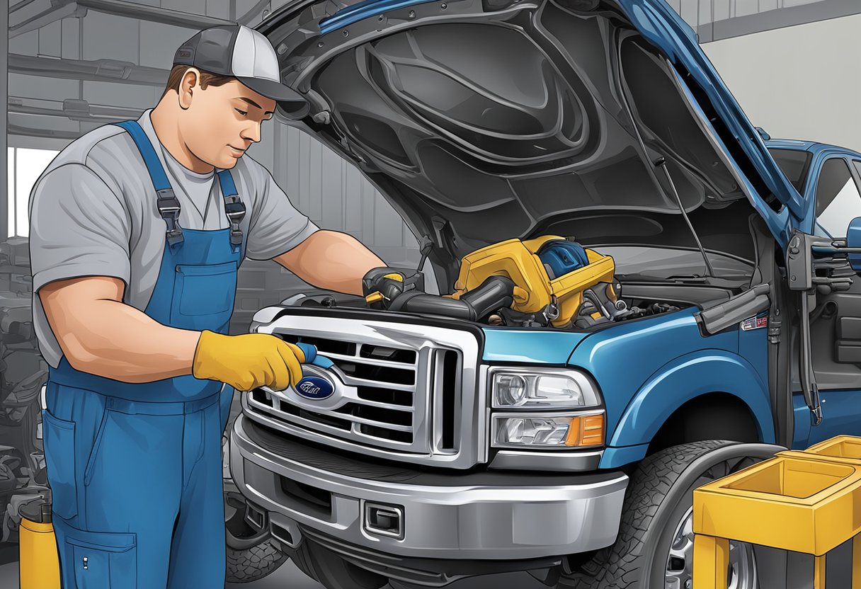 A mechanic pours differential oil into a Ford F-250 truck's maintenance components