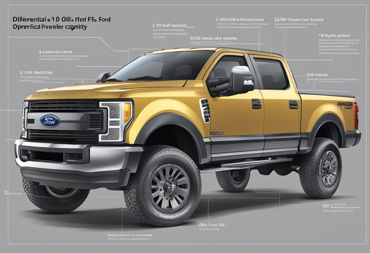 The Ford F-250 differential oil capacity is shown with different types of oil containers and the specified amount of oil needed for the vehicle